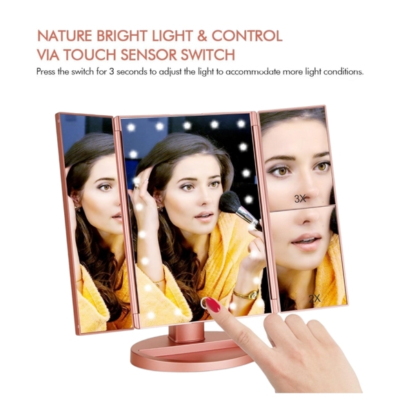 Rose Gold Tri-Fold LED Touch Screen Rotating Magnifying 3x/2x Vanity Mirror - Picture 6 of 7